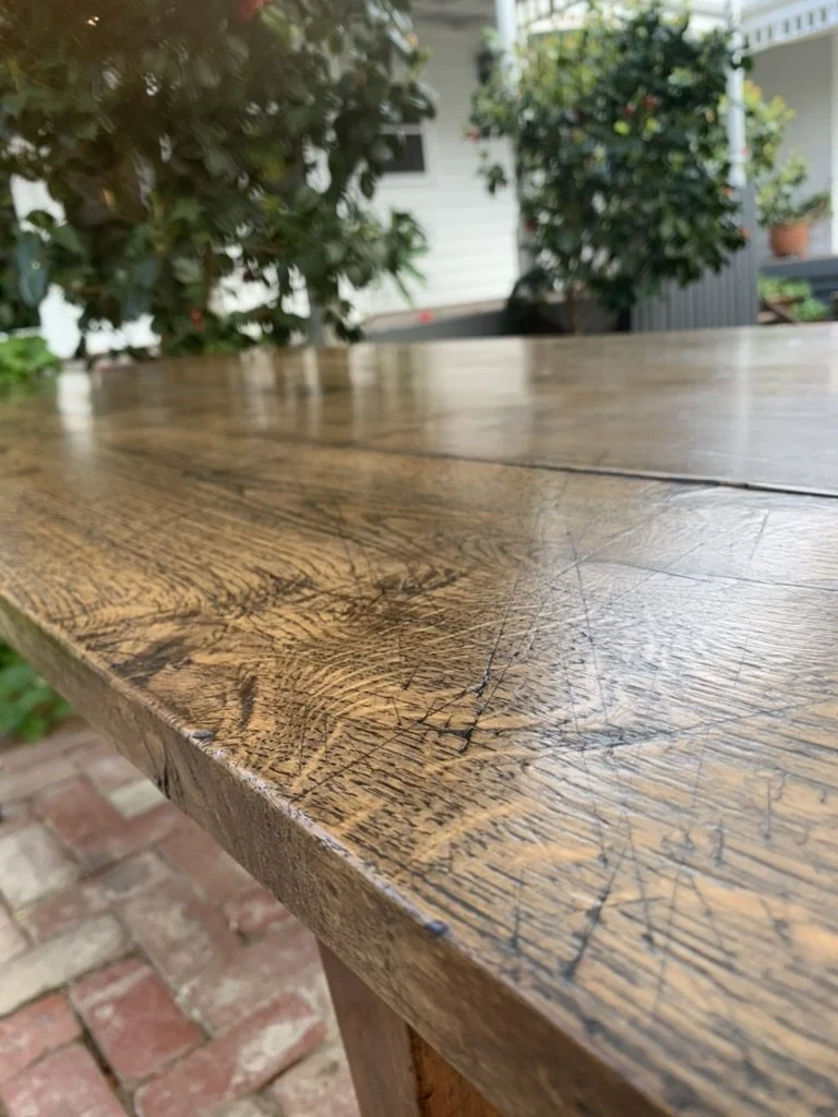 Antique Oak Plank Top Edge with Old Patina and Wear, 19th Century French Provincial Farmhouse Dining Table