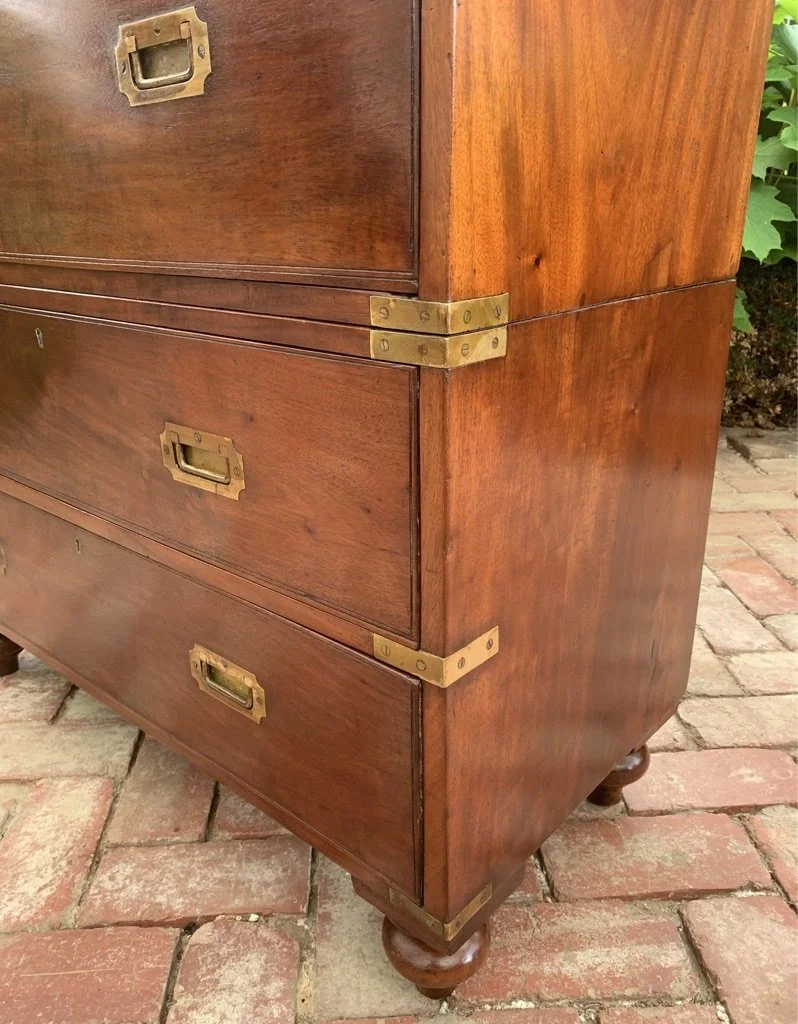 Victorian mahogany campaign chest lower section brass corner fittings bun feet detail c.1890