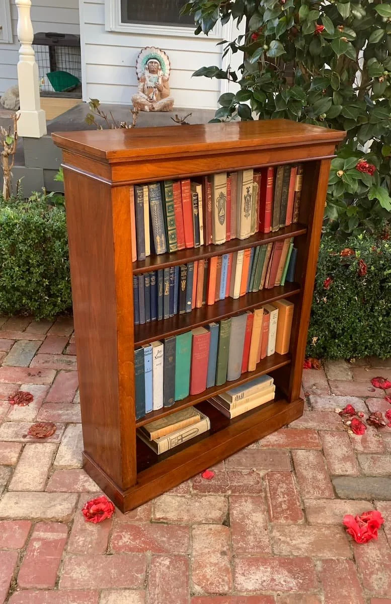 Antique walnut library bookcase C.1860-1880, Victorian open bookcase with adjustable shelves, 19th century walnut bookshelf