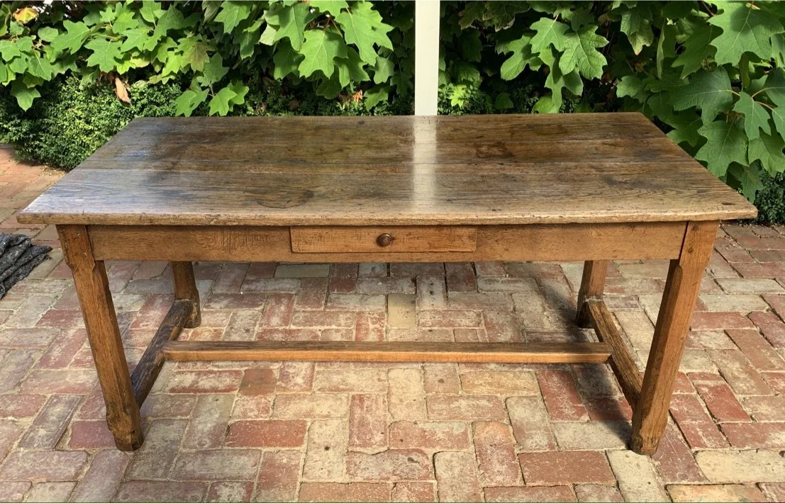 Antique French oak farmhouse dining table c.1800 — front view, three-plank top and single drawer