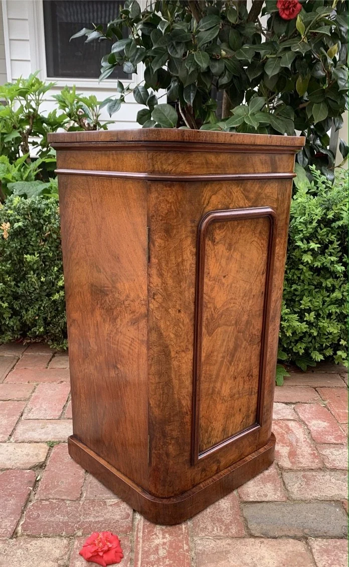 Victorian burr walnut pot cupboard, antique bedside cabinet with canted corners and shaped plinth base, c.1860-1880