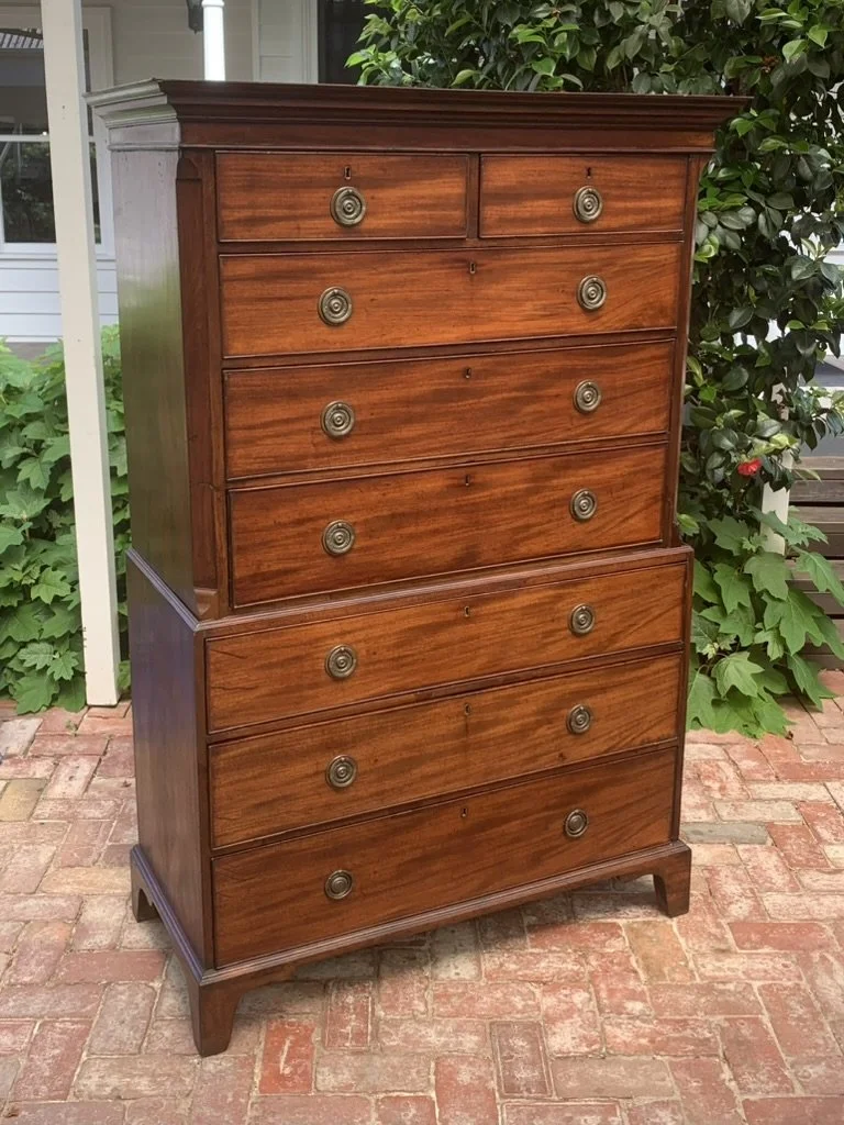 Antique George III mahogany tallboy, C.1790-1810, two over three over three drawers, moulded cornice and canted corners