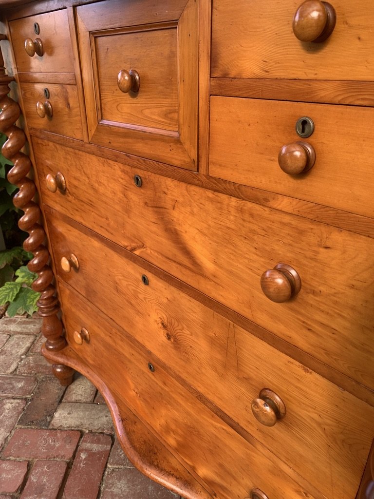 Drawer front detail brass escutcheons turned knobs Huon pine Colonial chest of drawers 1860–1880