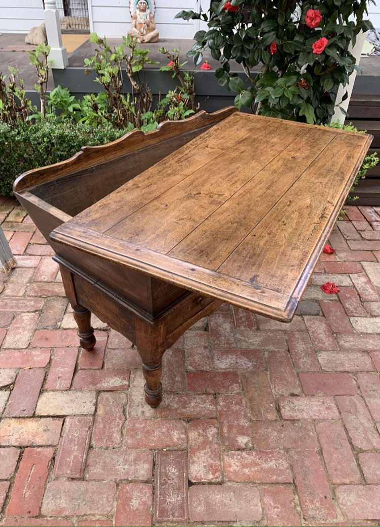 French dough bin on stand, c.1840, open lid showing original poplar-lined trough interior