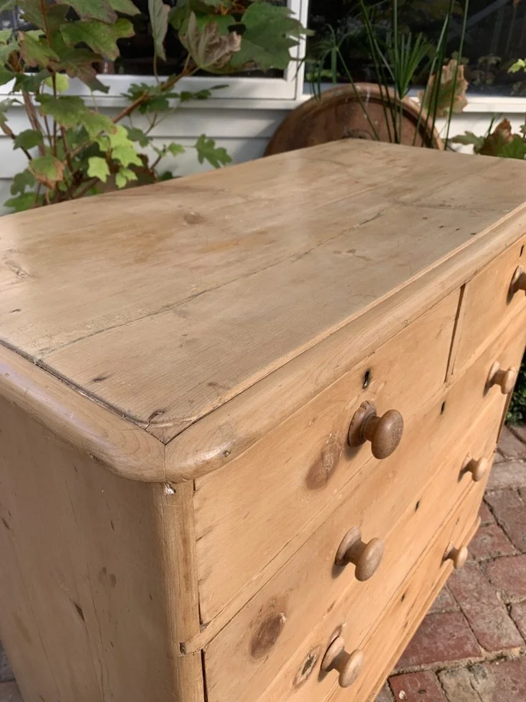 Victorian pine chest of drawers top detail moulded edge rounded corners aged pine surface