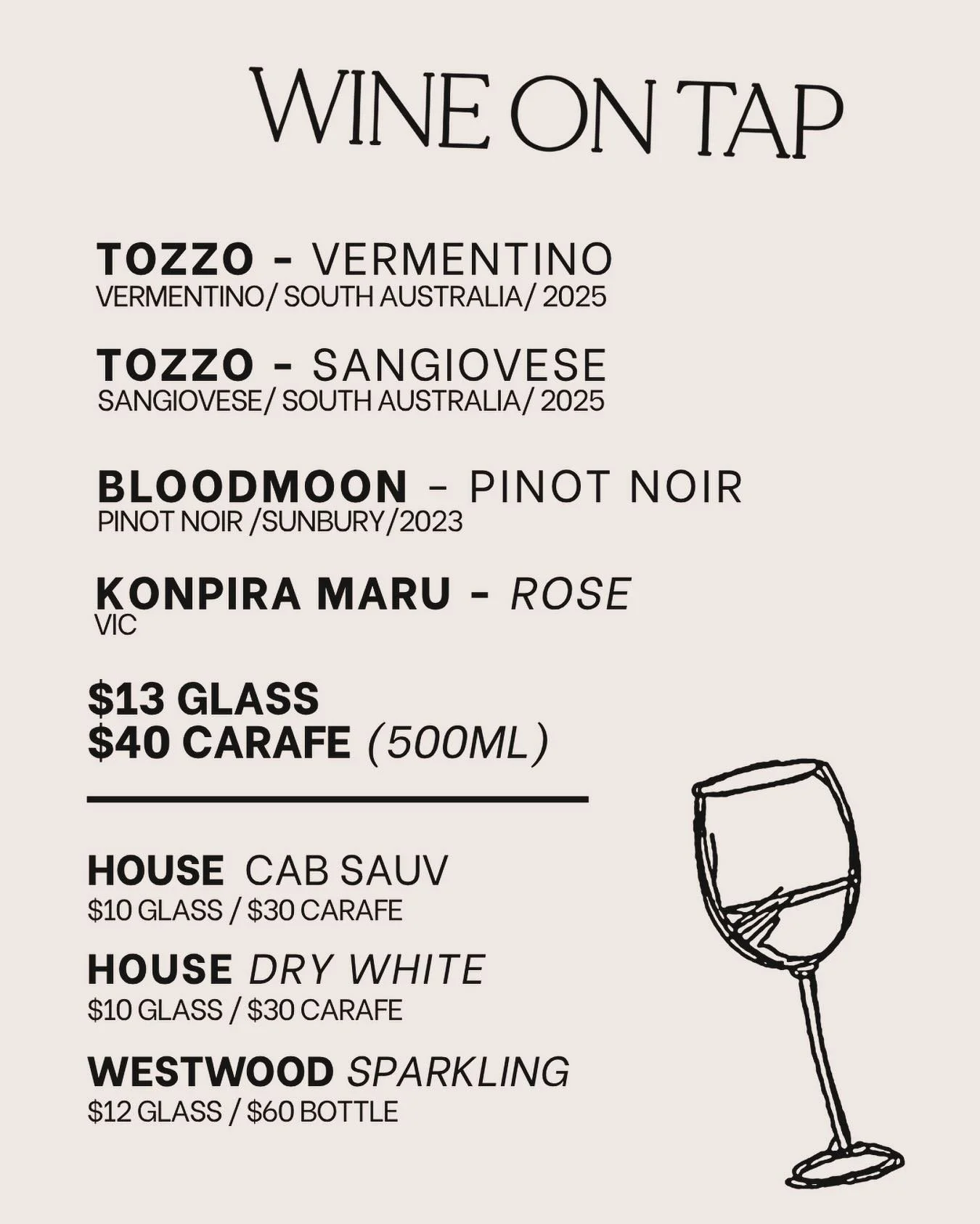 Current wine on tap. No glass waste, fresher tasting wine!