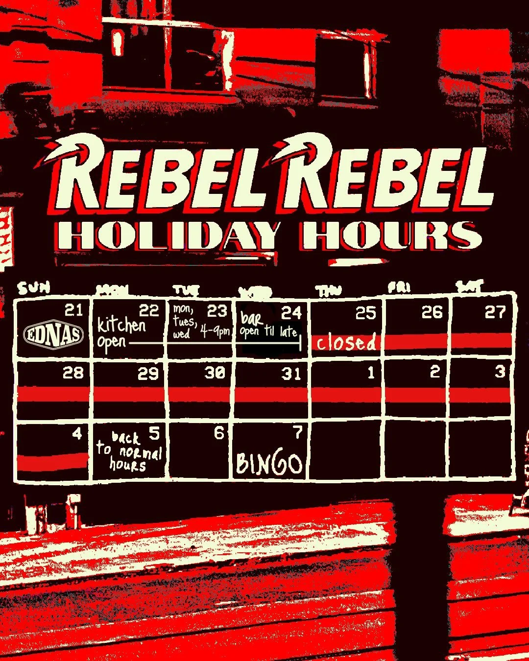 our hours over this festive season! We&rsquo;ll be closed for just over a week over Xmas and new years 🌞 back on Monday the 5th next year + Bingo that Wednesday! Also the kitchen will be open Monday, Tuesday, &amp; Wednesday (xmas eve) in case ya ou