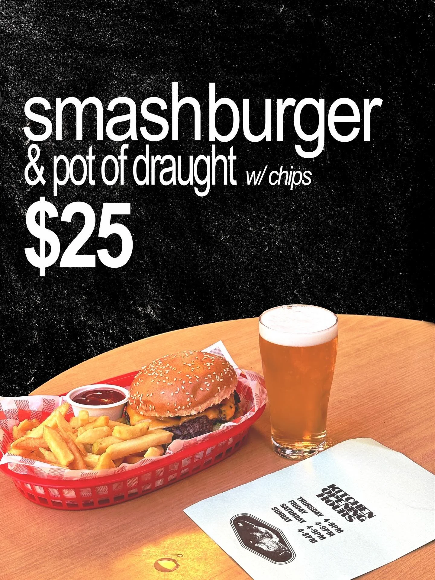 smash burger $20 🤝 pot of draught $5, available during all kitchen hours 🔥 thursday to sunday. Also this weekend we have @hawkersbeer original pale ale on pour! and on special $11 pints for their 11th bday 🍻 have a good weekend! happy valentines d