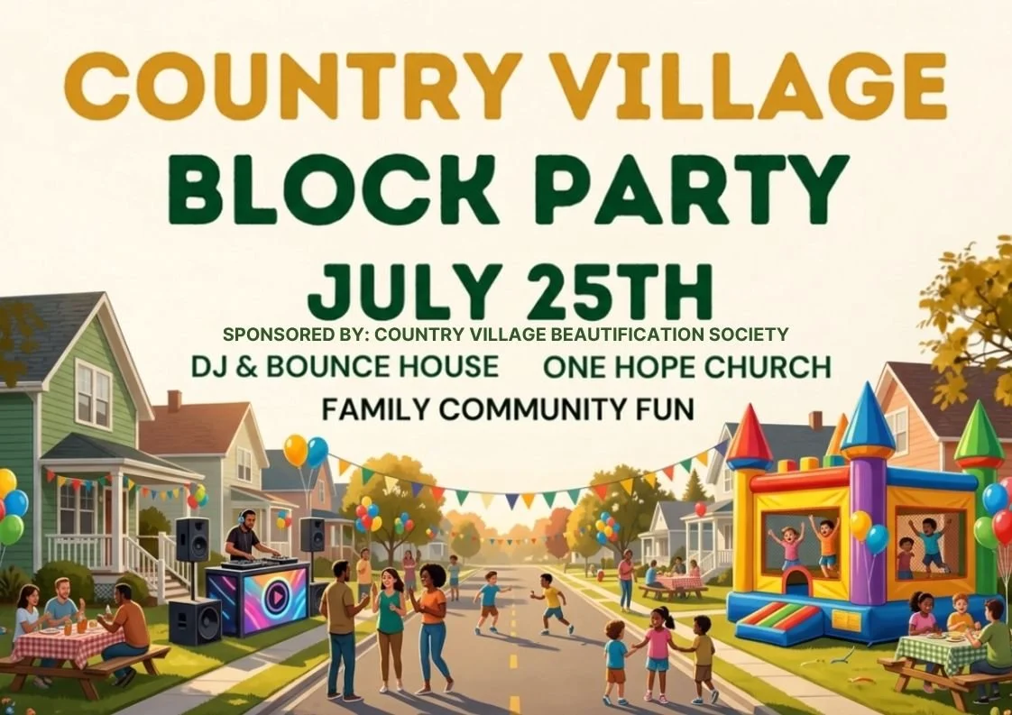 Poster for a community block party in a suburban neighborhood with people children playing, balloon decorations, bounce house, and a DJ.