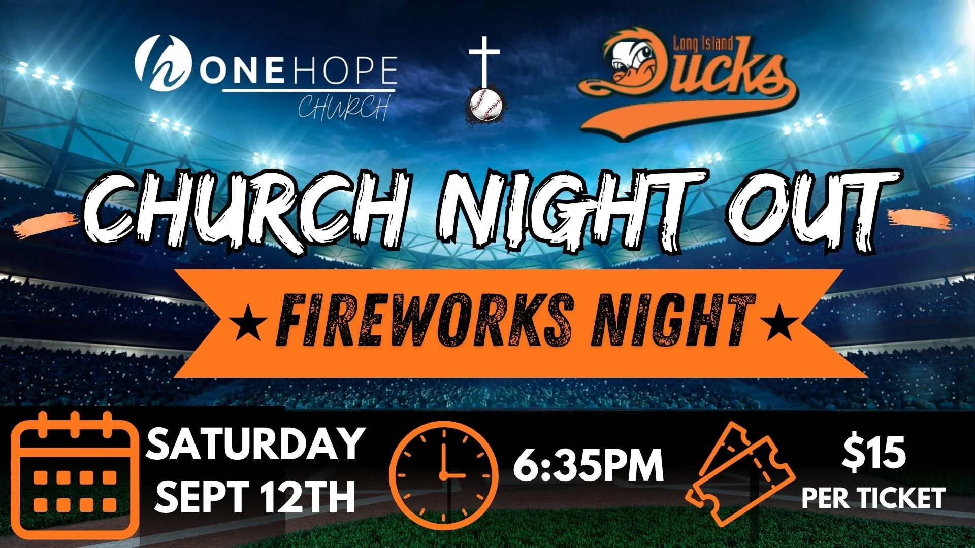 Event poster for church night out and fireworks night hosted by Long Island Ducks, at a stadium, scheduled for Saturday, September 12th at 6:35 pm, ticket price $15, featuring basketball, clock, and ticket icons.