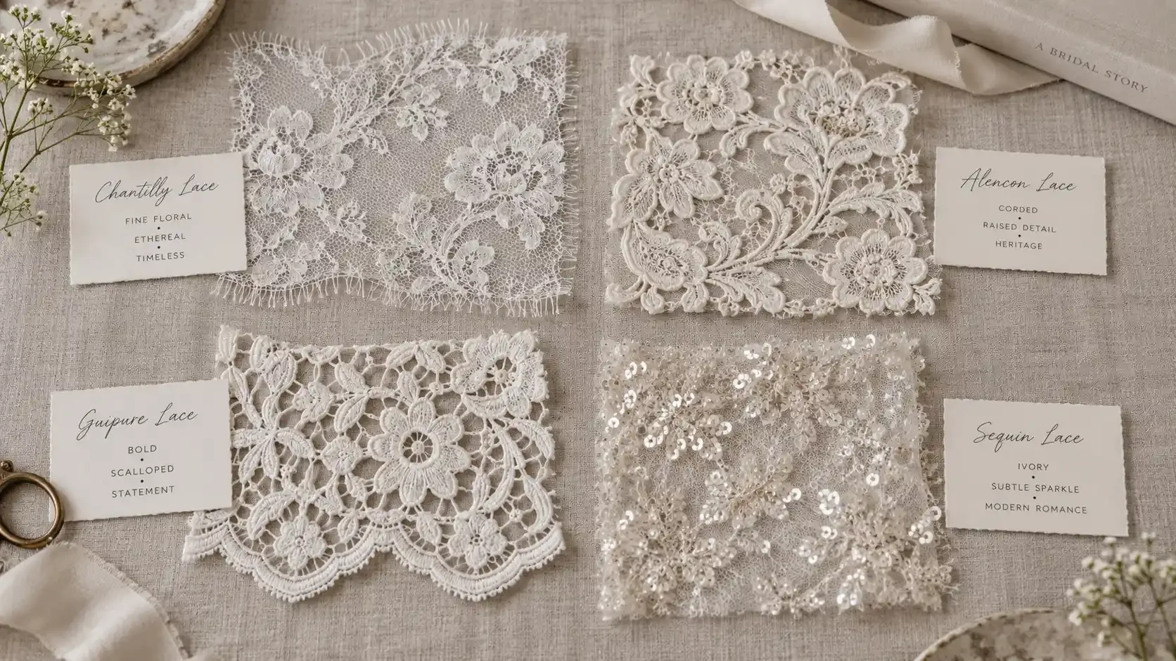 Four types of bridal lace swatches: Chantilly, Alencon, guipure and sequin lace