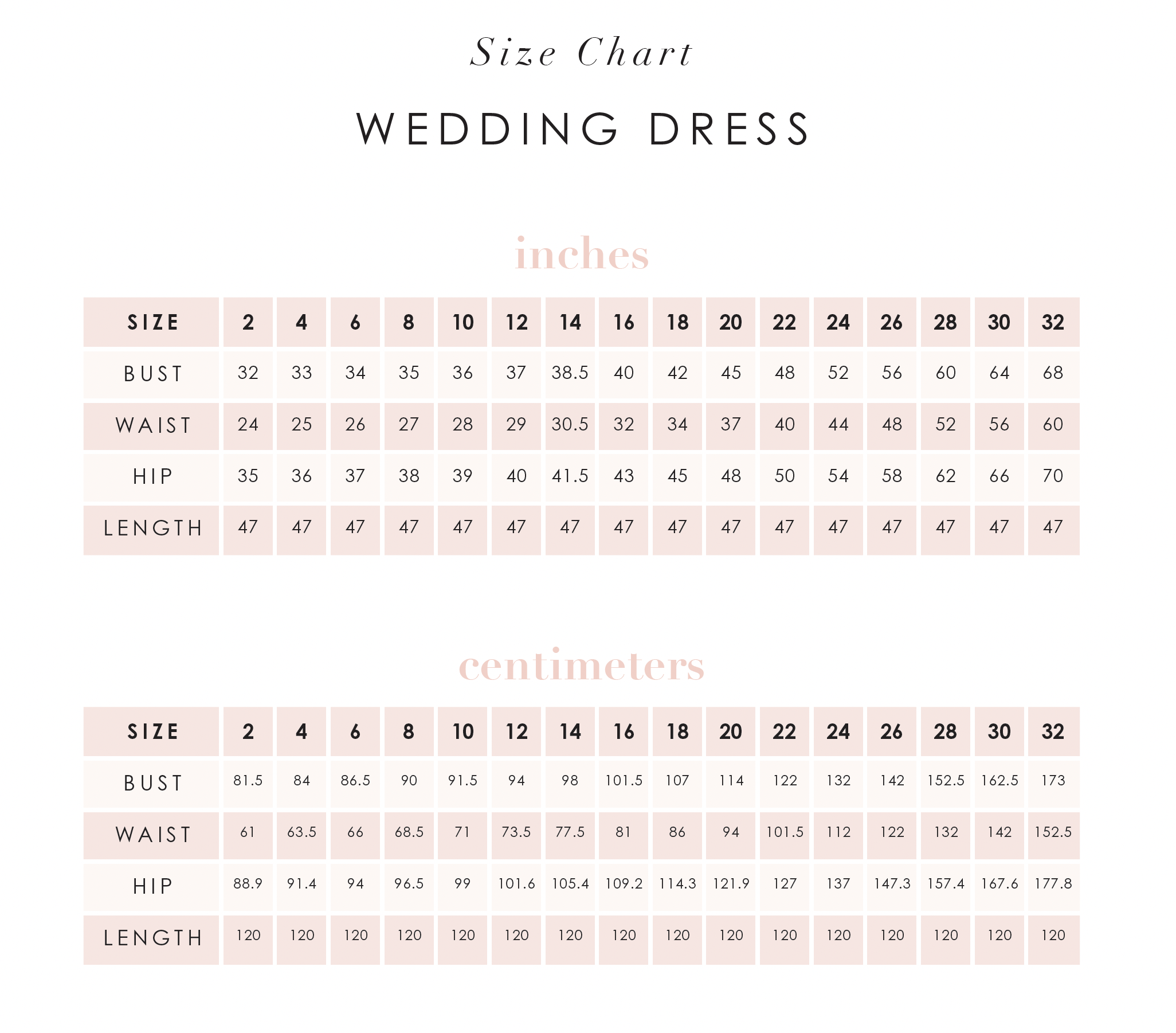 Heritage Dress Size Chart