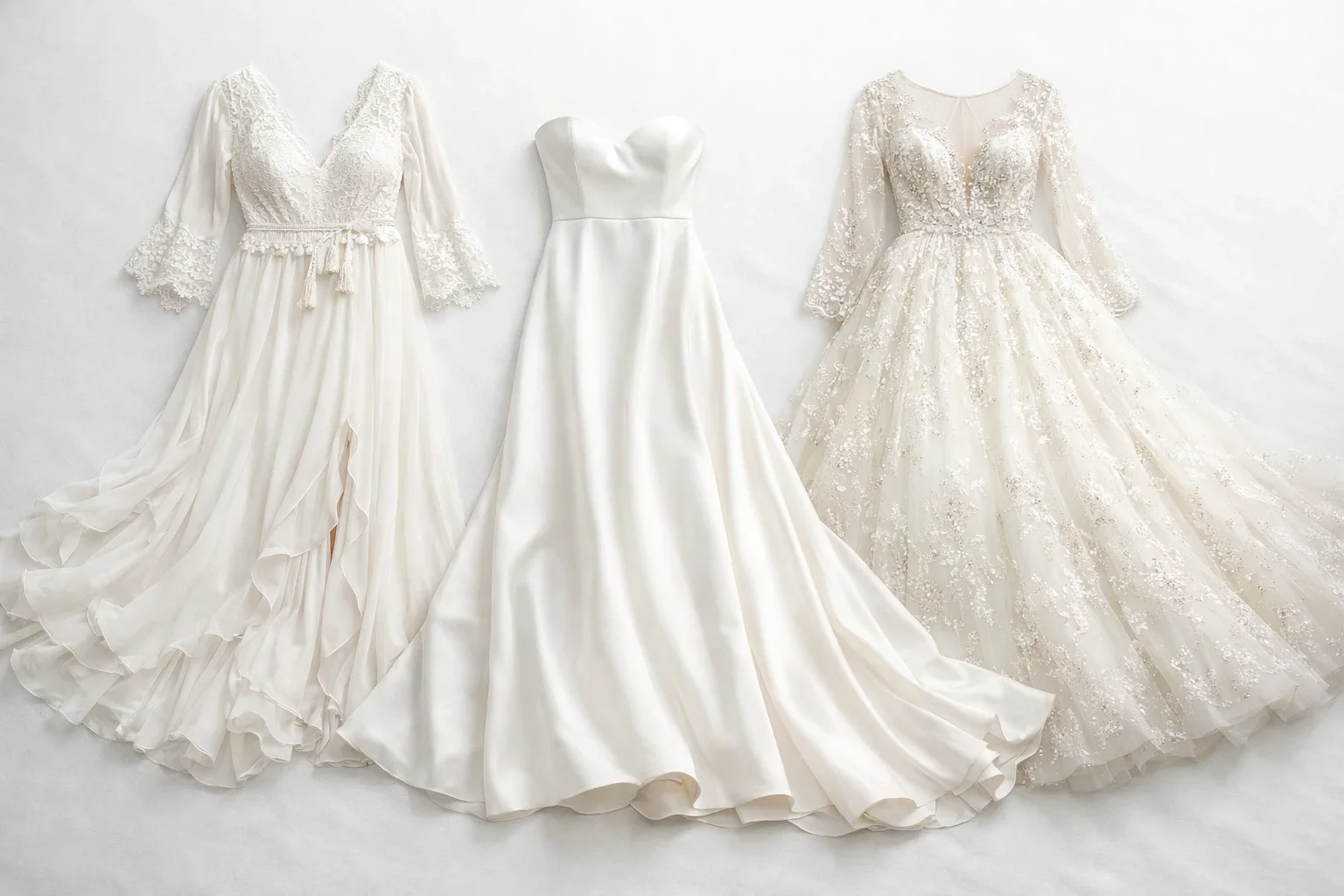 Three wedding dress styles representing different price tiers - from budget to premium for Australian brides