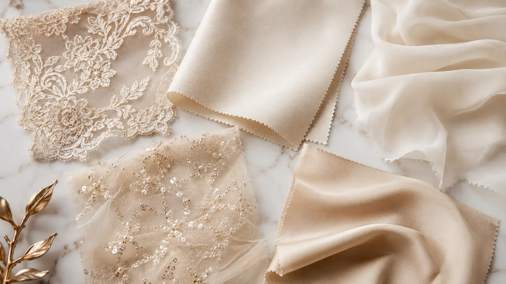 Five luxury bridal fabric swatches representing distinct Australian bridal label aesthetics