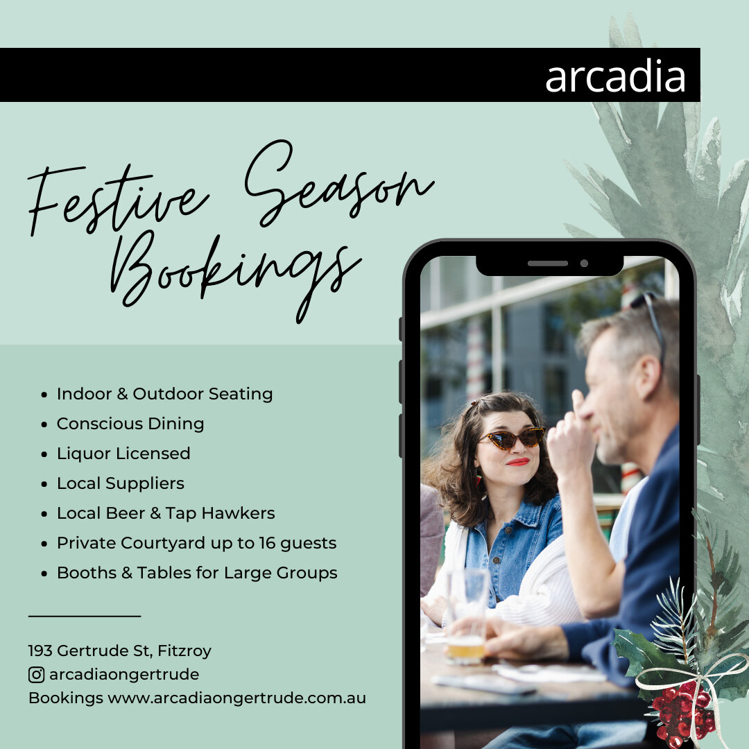 We're here for you during the festive season!🎄We have plenty of space for large group bookings, indoors and outdoors! 🥂⁣
⁣
Bookings ~ arcadiaongertrude.com.au ✨