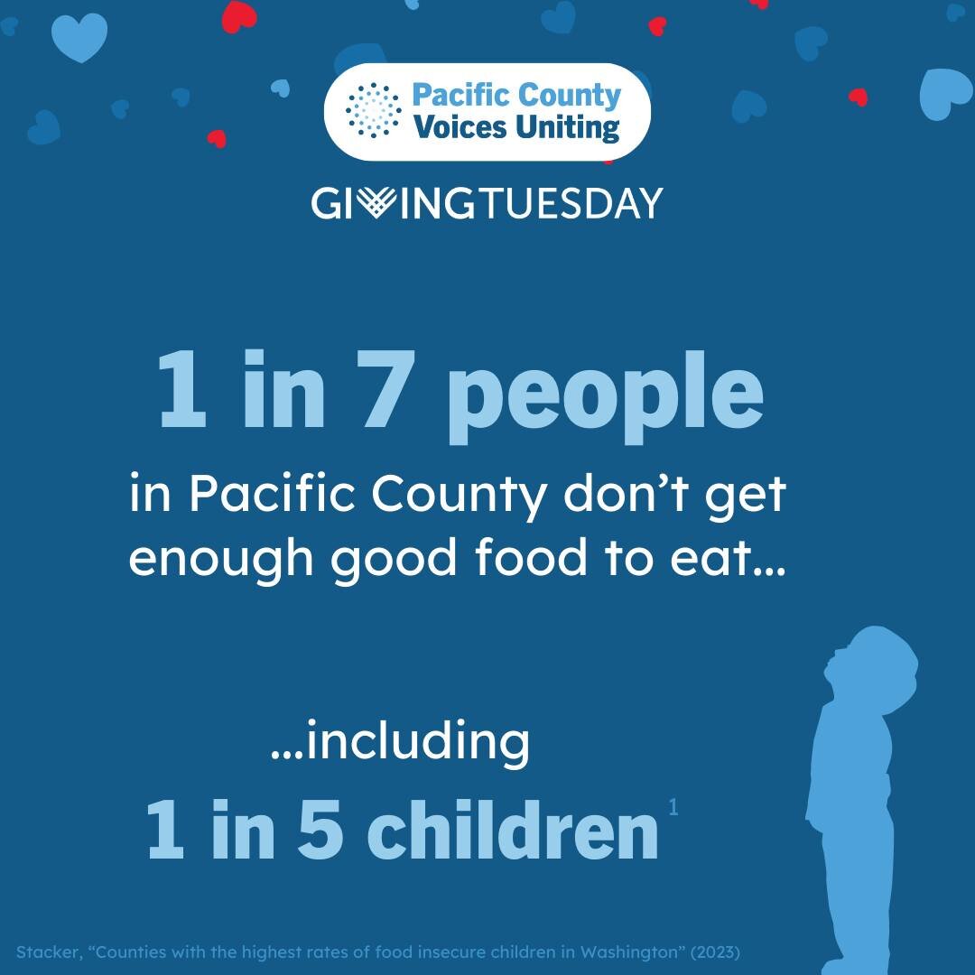 1 in 7 people in Pacific County don't get enough good food to eat 🍽 We've distributed more than 32,800 pounds of free food just this year to help our neighbors stay nourished 🥘👪 Stay tuned for how YOU can help by supporting our #FullHeartsFullPlat