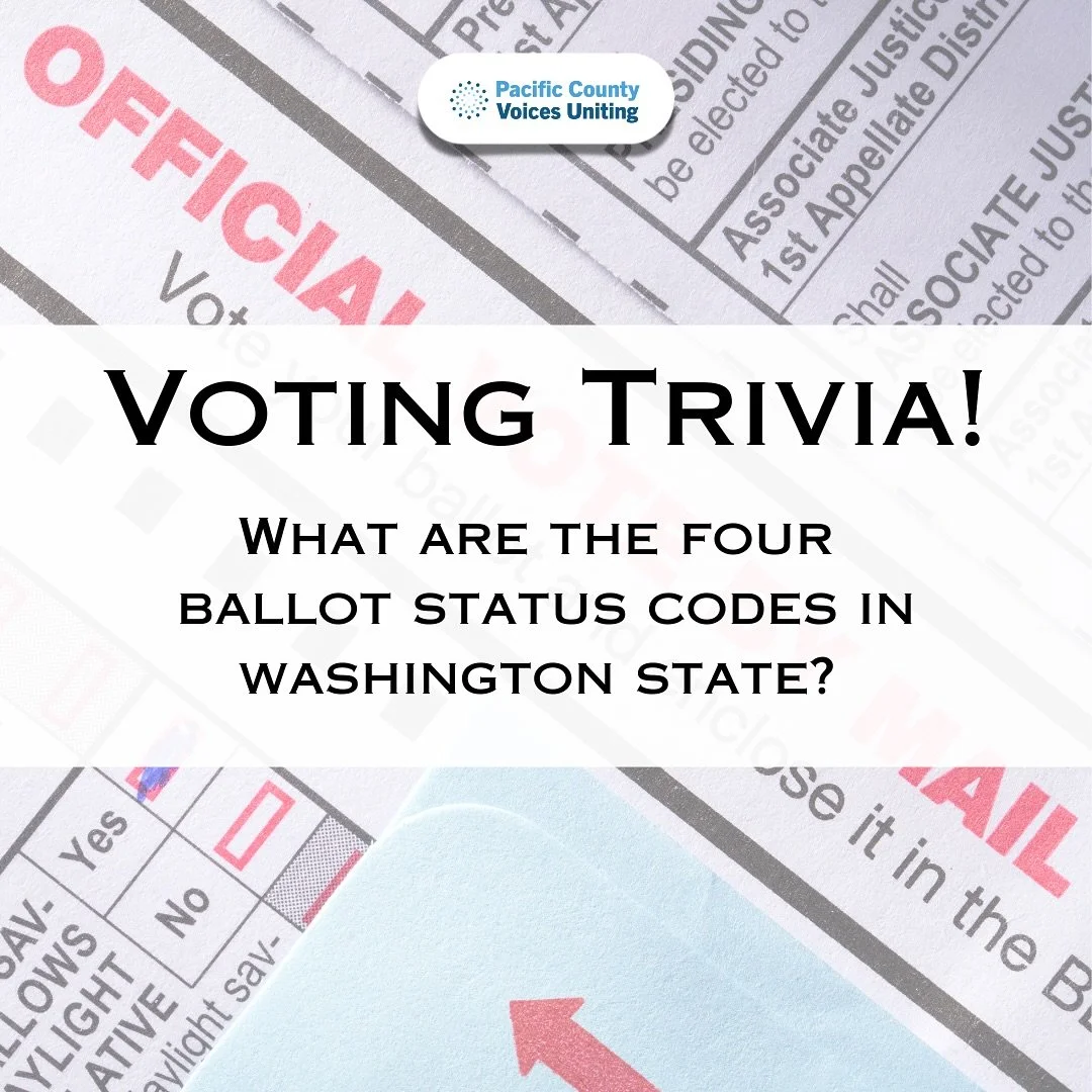 Voting Trivia Thursday with PCVU! Did you know your ballot has its own journey? Washington State tracks every ballot, so you can too.

Here are the four possible ballot status codes you might see when you check your ballot online at VoteWA.gov

Sent 