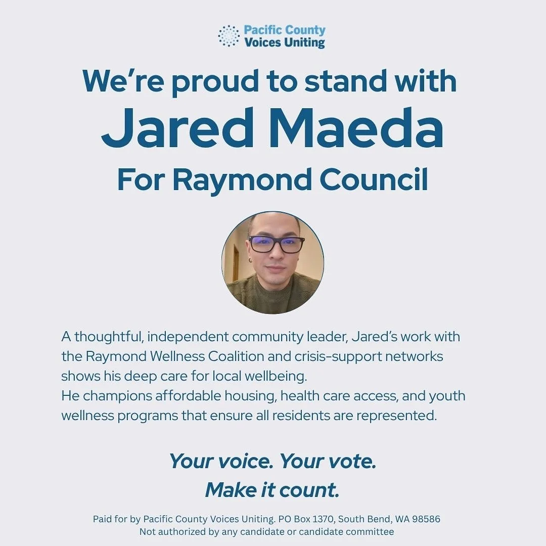 We&rsquo;re proud to stand with Jared Maeda for Raymond City Council.
Jared reflects the shared values that bring our community together: care, inclusion, and a commitment to local voices.

Ballots are on their way- make your plan to vote and make it