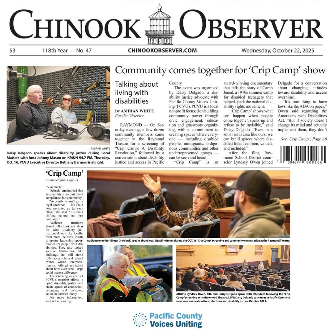 Our very own Daisy Delgado is featured on the front page of the Chinook Observer this week!
Daisy’s work reminds us what grassroots leadership looks like- rooted in love, justice, and action. We’re so proud of her and all she brings to t