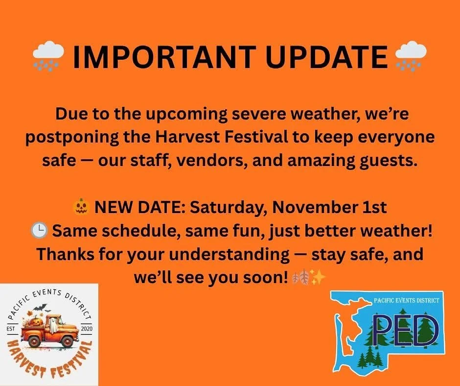 repost @willapaharvestfestival
🌧️ IMPORTANT UPDATE 🌧️
Due to the upcoming severe weather, we’re postponing the Harvest Festival to keep everyone safe- our staff, vendors, and amazing guests.
🎃 NEW DATE: Saturday, November 1st
🕒 Same schedu
