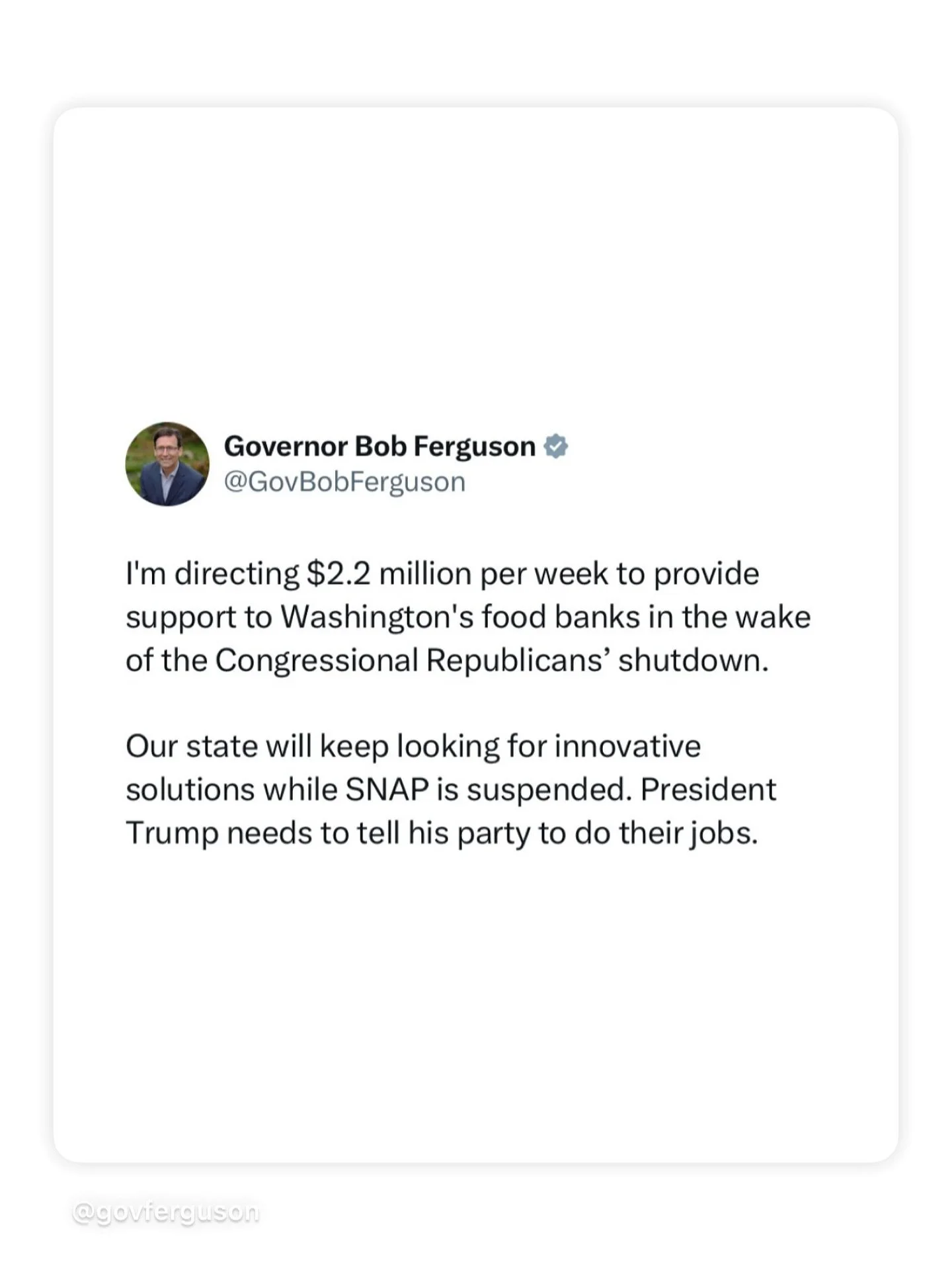 Food security is a basic need. We applaud this action to support Washington families while federal aid is stalled.
Repost @govferguson 
I’m directing $2.2 million per week to provide support to Washington’s food banks in the wake of the