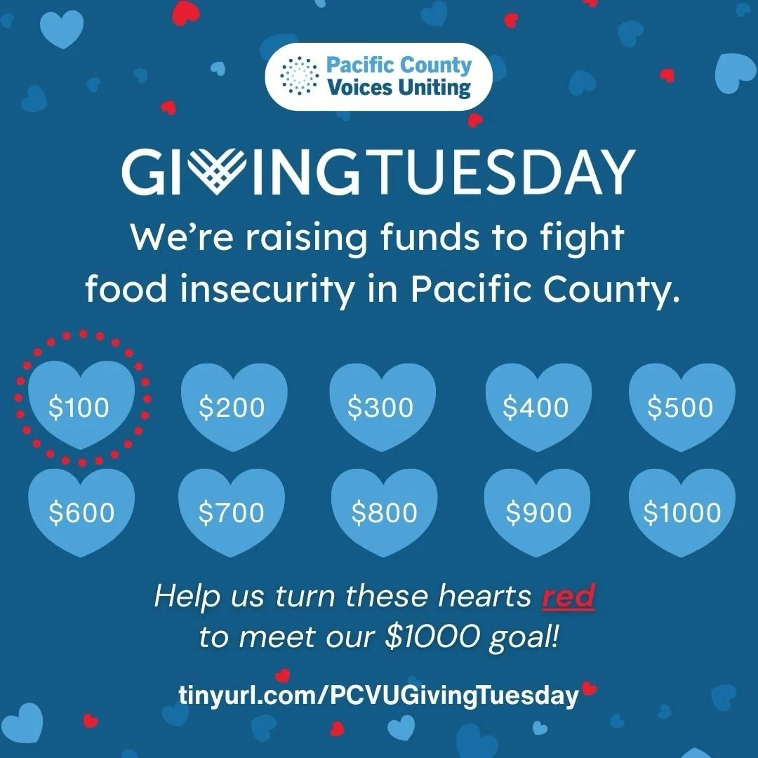 Help us turn these hearts red and reach our $1,000 goal! ❤️ Ay&uacute;danos a poner estos corazones en rojo y alcanzar nuestra meta de $1000. ❤️

We&rsquo;re raising funds to fight food insecurity in Pacific County. Estamos recaudando fondos para com