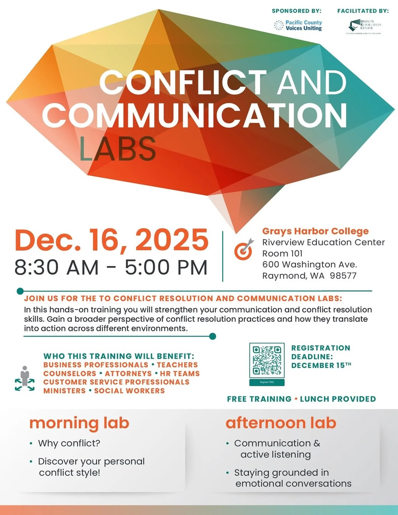 Have you signed up yet? There&rsquo;s still time, and we&rsquo;d love for you to join us.

Free Conflict and Communication Labs &bull; Dec 16 in Raymond Ready to grow your skills in resolving conflict and communicating with confidence? PCVU and the D