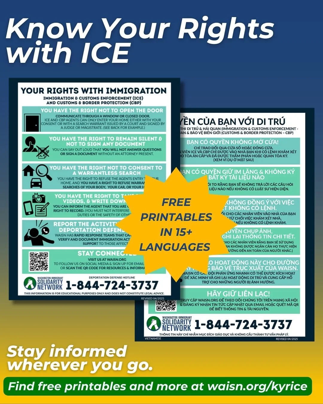 Repost from @waisn_org
&bull;
[Espa&ntilde;ol abajo]

Stay connected with #WAISN for resources, support, and updates on how to protect your rights when engaging with immigration enforcement agents. Our website has Know Your Rights flyers in 20 langua