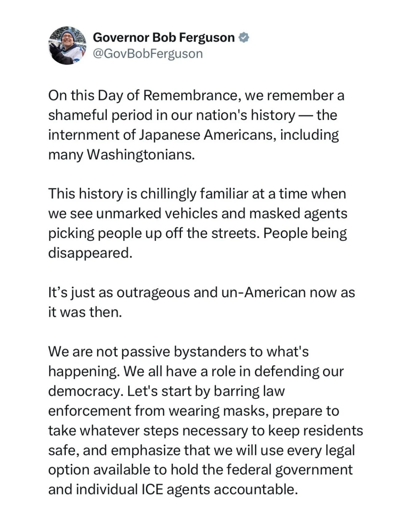 Repost from @govferguson
&bull;
On this Day of Remembrance, we remember a shameful period in our nation&rsquo;s history &mdash; the internment of Japanese Americans, including many Washingtonians.

This history is chillingly familiar at a time when w