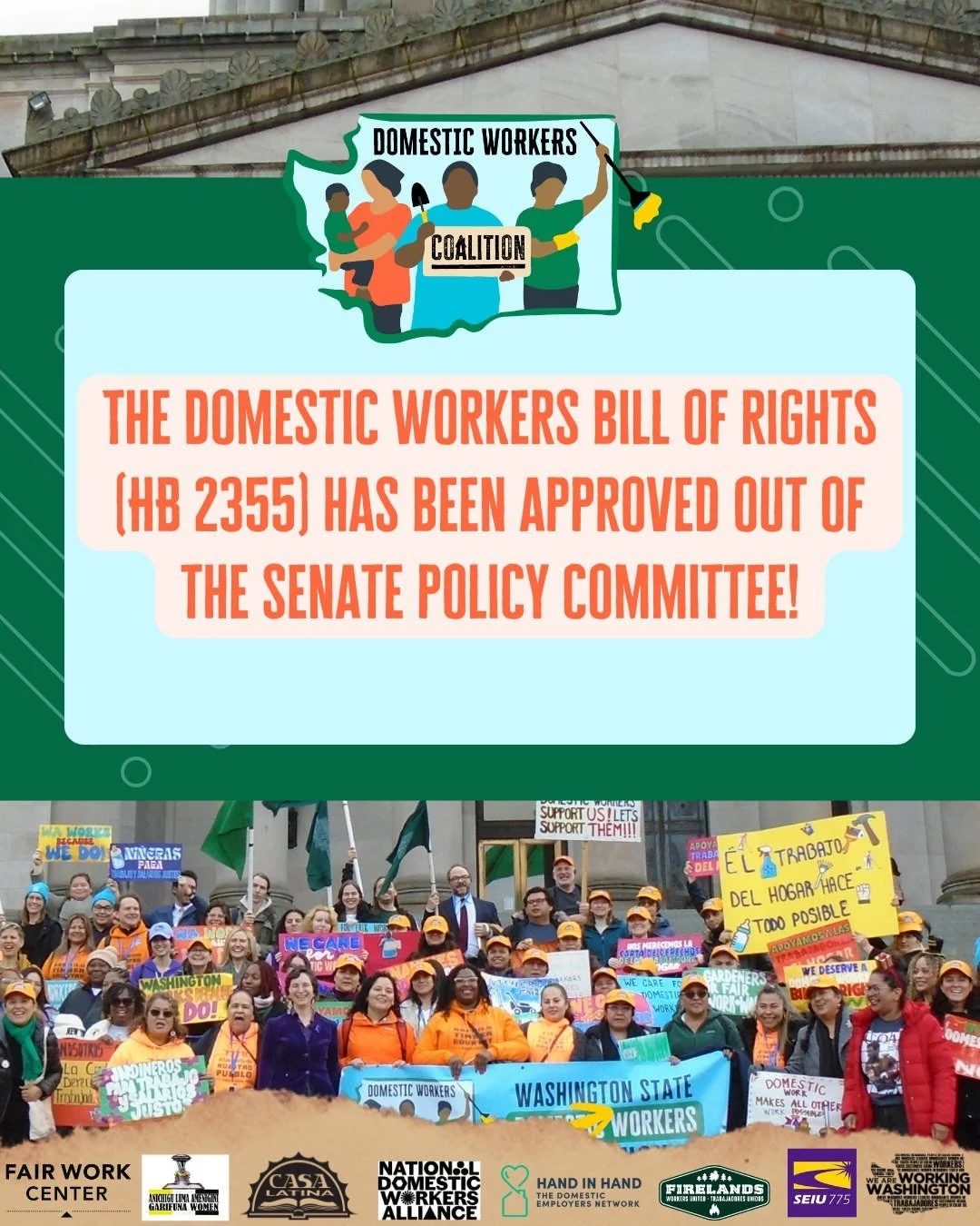 Repost from @workingwashington
&bull;
Let&rsquo;s clear this up: The Domestic Workers Bill of Rights did NOT die in the legislature! In fact HB 2355 was just approved out of the Senate Policy Committee! An earlier bill version didn&rsquo;t move forwa