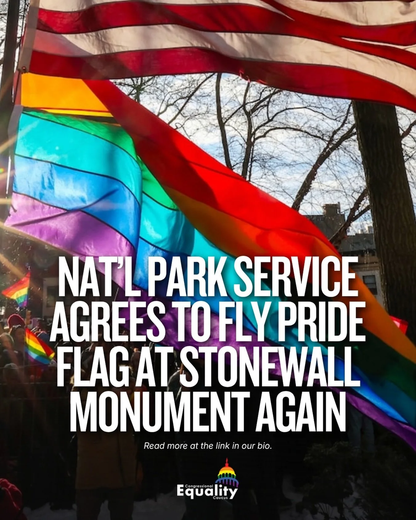 Repost from @equalitycaucus
&bull;
GOOD NEWS! The National Park Service just agreed to resume flying the Pride flag at the Stonewall National Monument after advocates sued over its removal.

This is about more than a piece of fabric: it&rsquo;s a vic