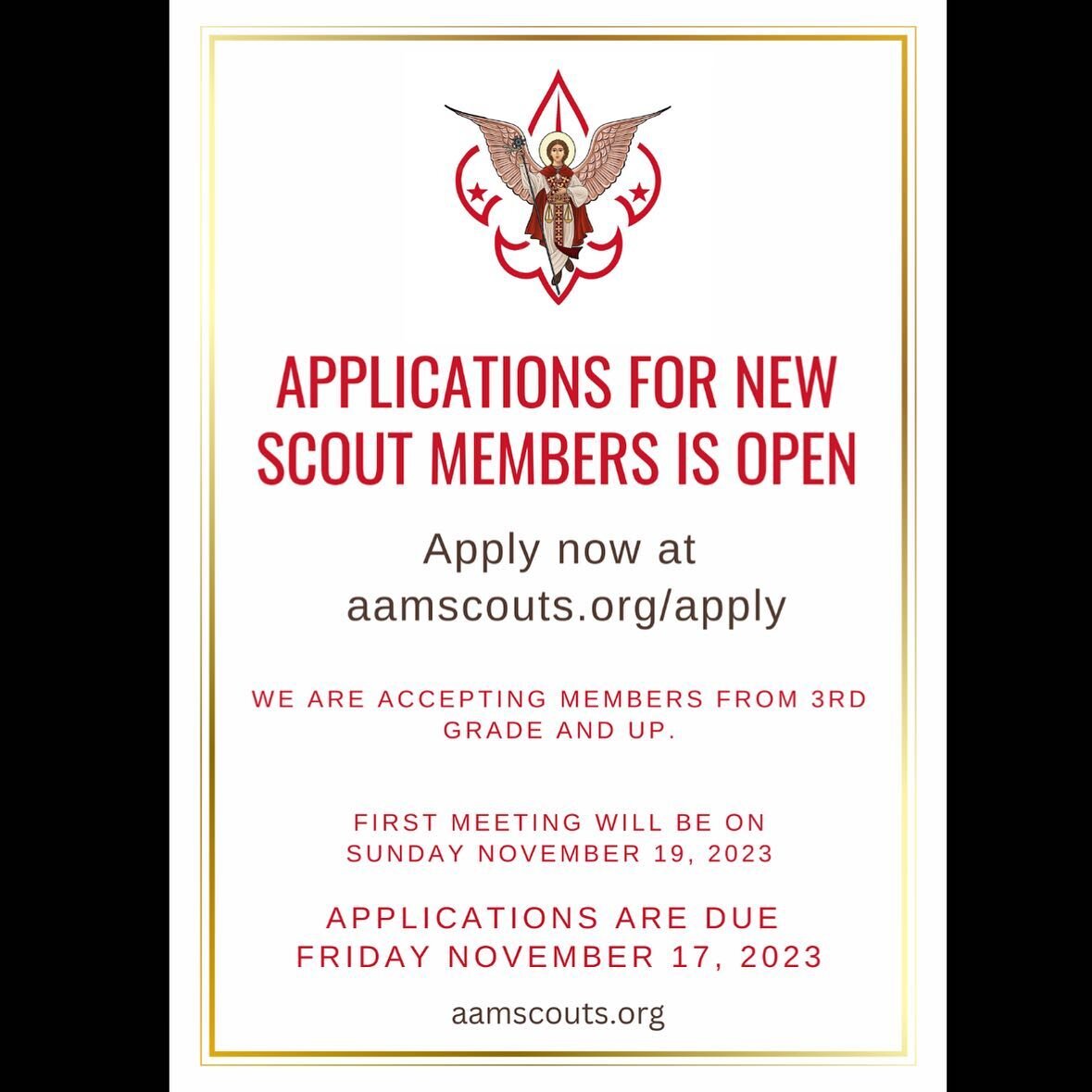 Archangel Michael Scouts are opening applications to accept new members. 😍😍 We&rsquo;re accepting members from 3rd grade and up. Deadline to register is November 17. 
The first meeting will be on Sunday November 19 

Apply today using this link: ht