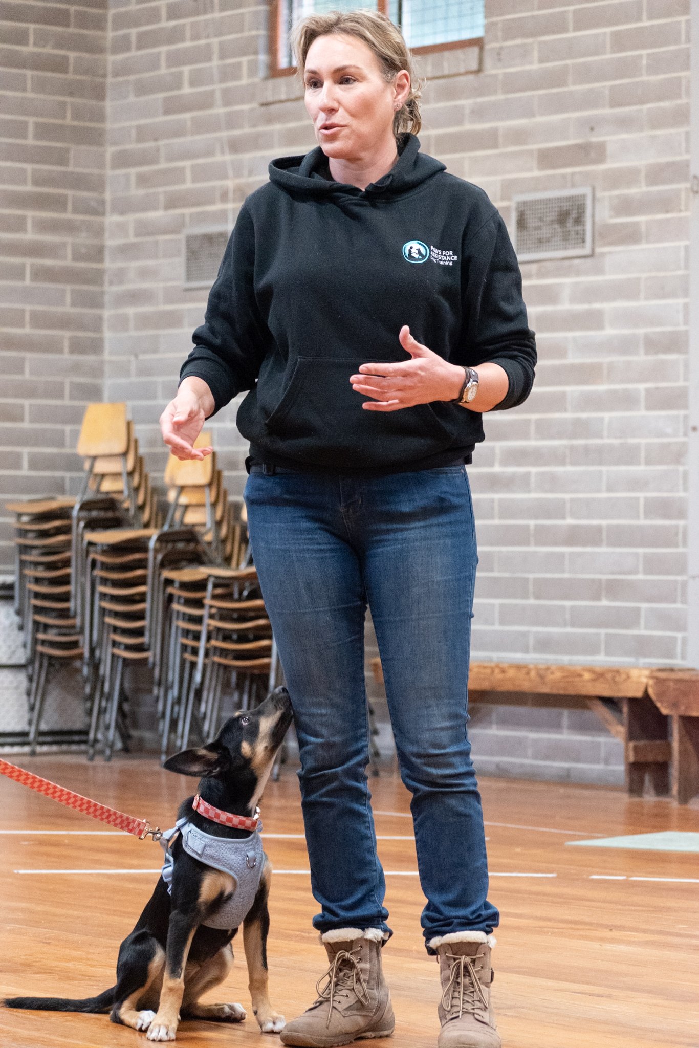 Em chatting with Kelpie pupp chin on leg