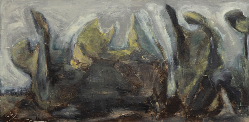 SOLD Primordial Swamp, 2020, Acrylic on Canvas, 39cmH x 77cmW x3.5cmD
