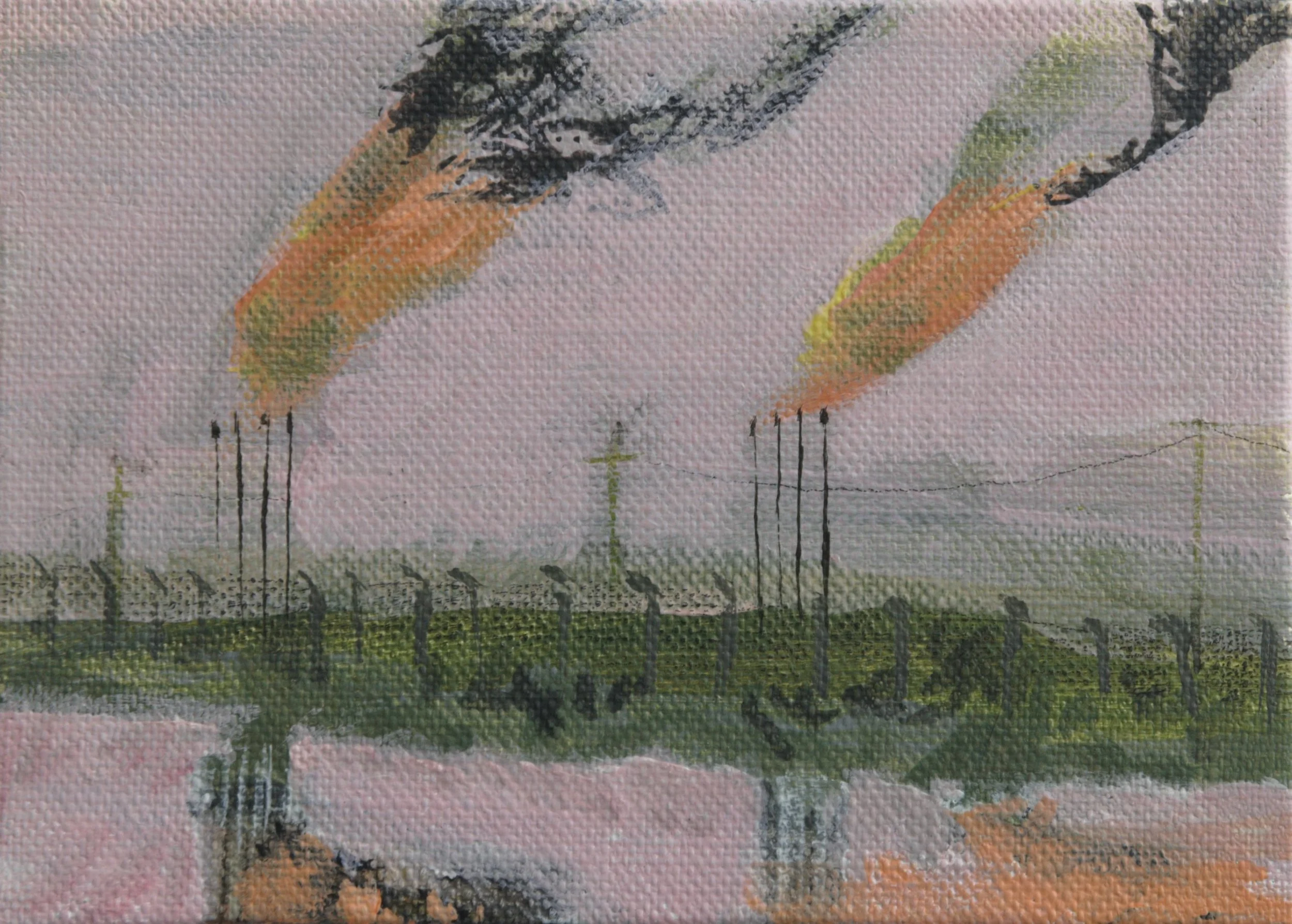 Unnatural history / Gas flaring Iraq - Acrylic on linen 13cmx9cm