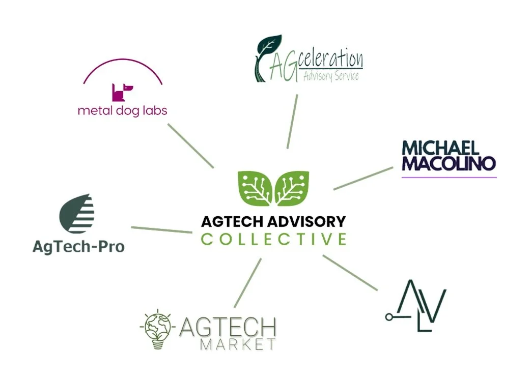 Logos connected to AgTech Advisory Collective, including Metal Dog Labs, AGceleration Advisory Service, AgTech-Pro, Michael Macolino, AgTech Market, and another unidentified logo.