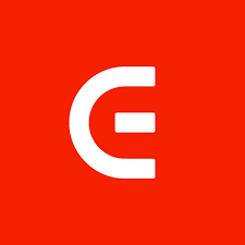 White letter 'E' logo on a red background.