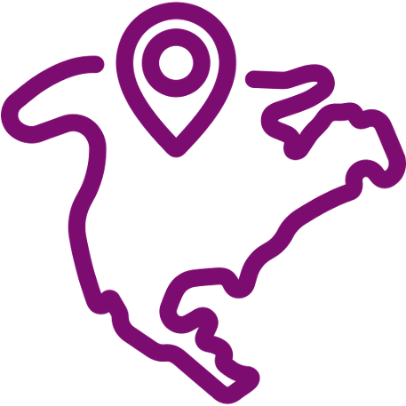 Outline of North America with a map pin icon