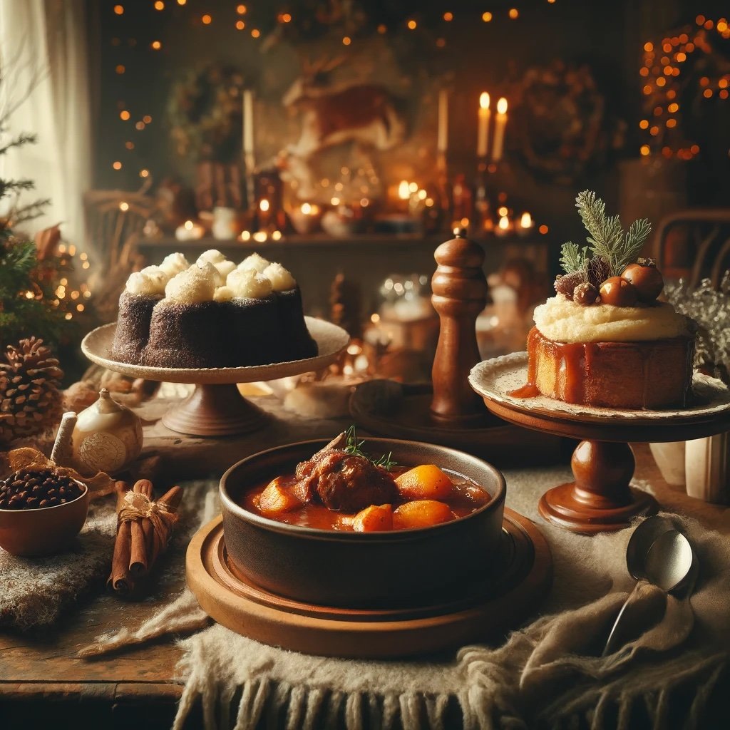 DALL·E 2024-04-16 22.09.30 - A winter-themed culinary image depicting a warm and inviting dining setting, featuring dishes like a rich lamb stew, creamy mashed potatoes, and a spi.jpeg