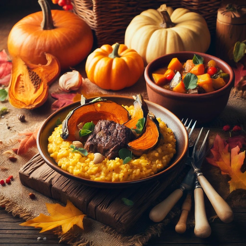DALL·E 2024-04-16 22.09.27 - An autumn-themed culinary image featuring a cozy, rustic setting with a roasted butternut squash risotto and a hearty beef stew with root vegetables, .jpeg
