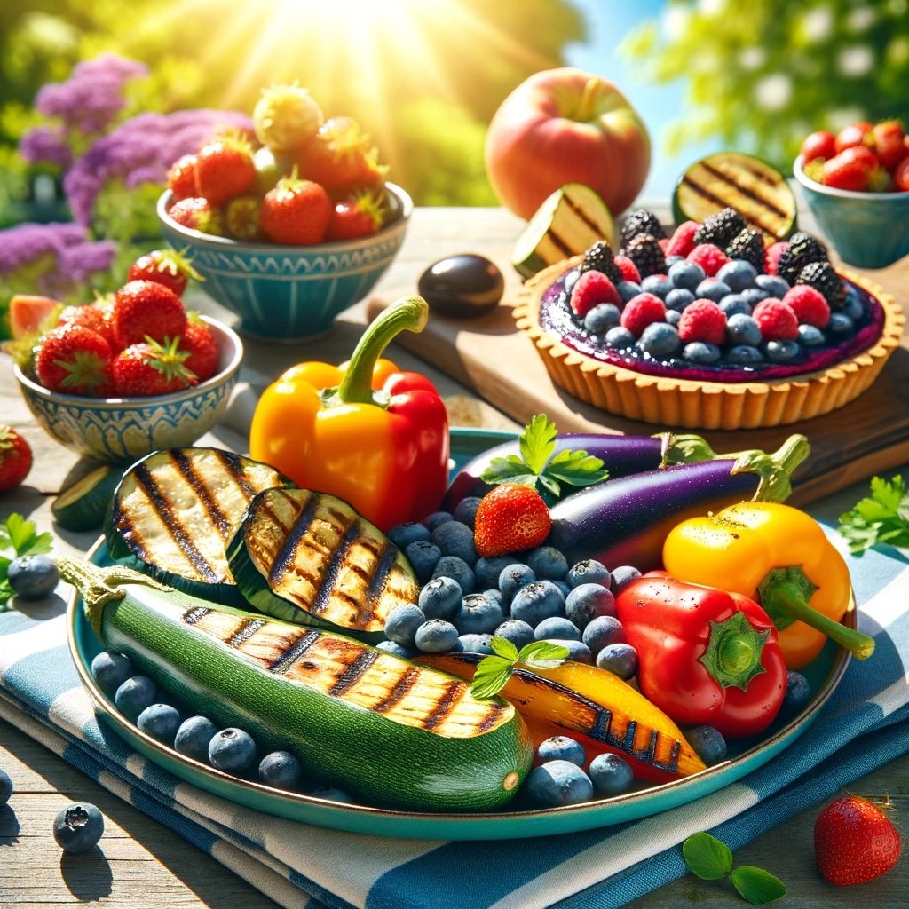DALL·E 2024-04-16 22.09.22 - A colorful summer-themed image showcasing a grilled vegetable platter with aubergine, peppers, and zucchini, accompanied by a fresh berry tart, set ou.jpeg