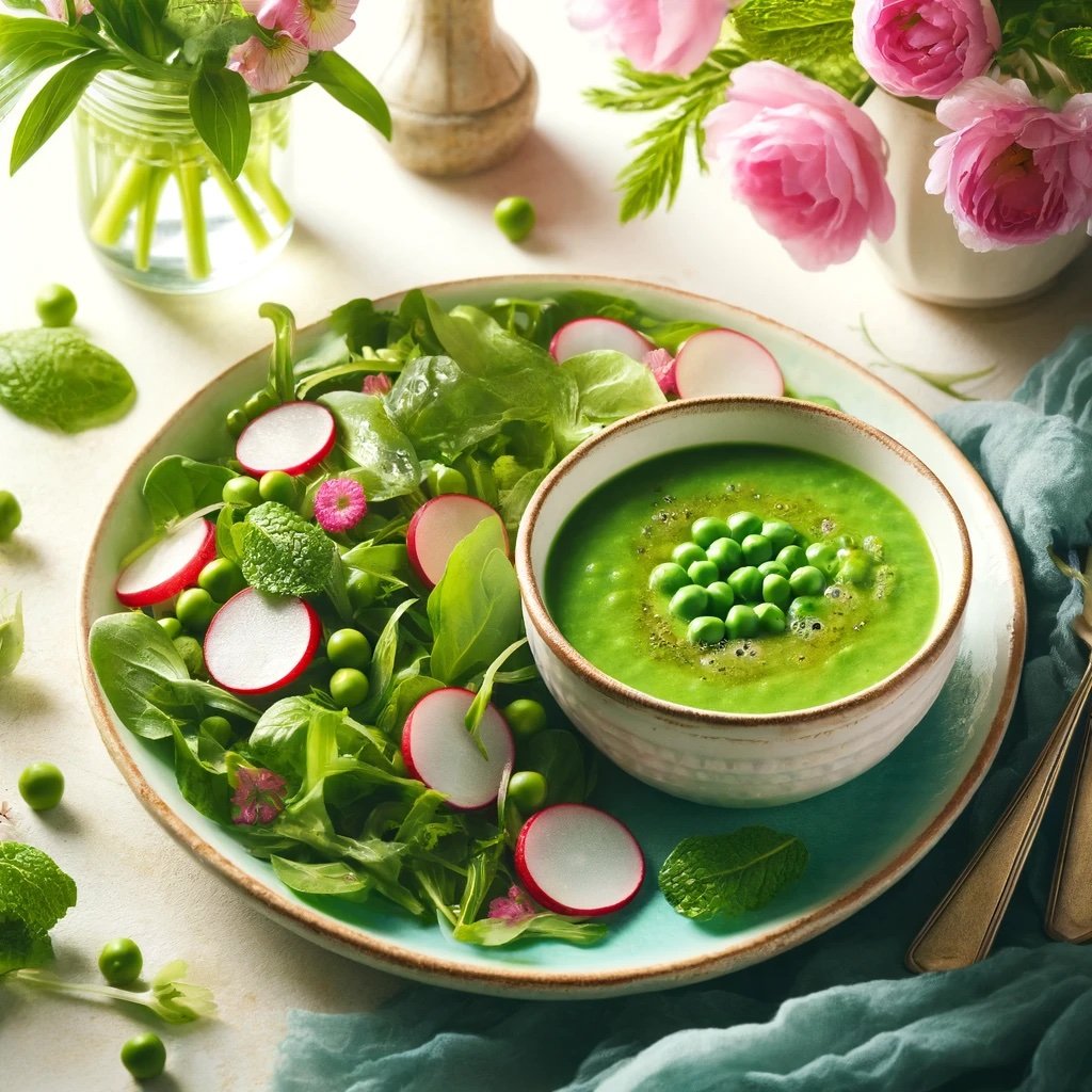 DALL·E 2024-04-16 22.09.13 - A vibrant spring-themed culinary image featuring a fresh pea and mint soup alongside a spring greens salad with radishes and a light vinaigrette, set .jpeg