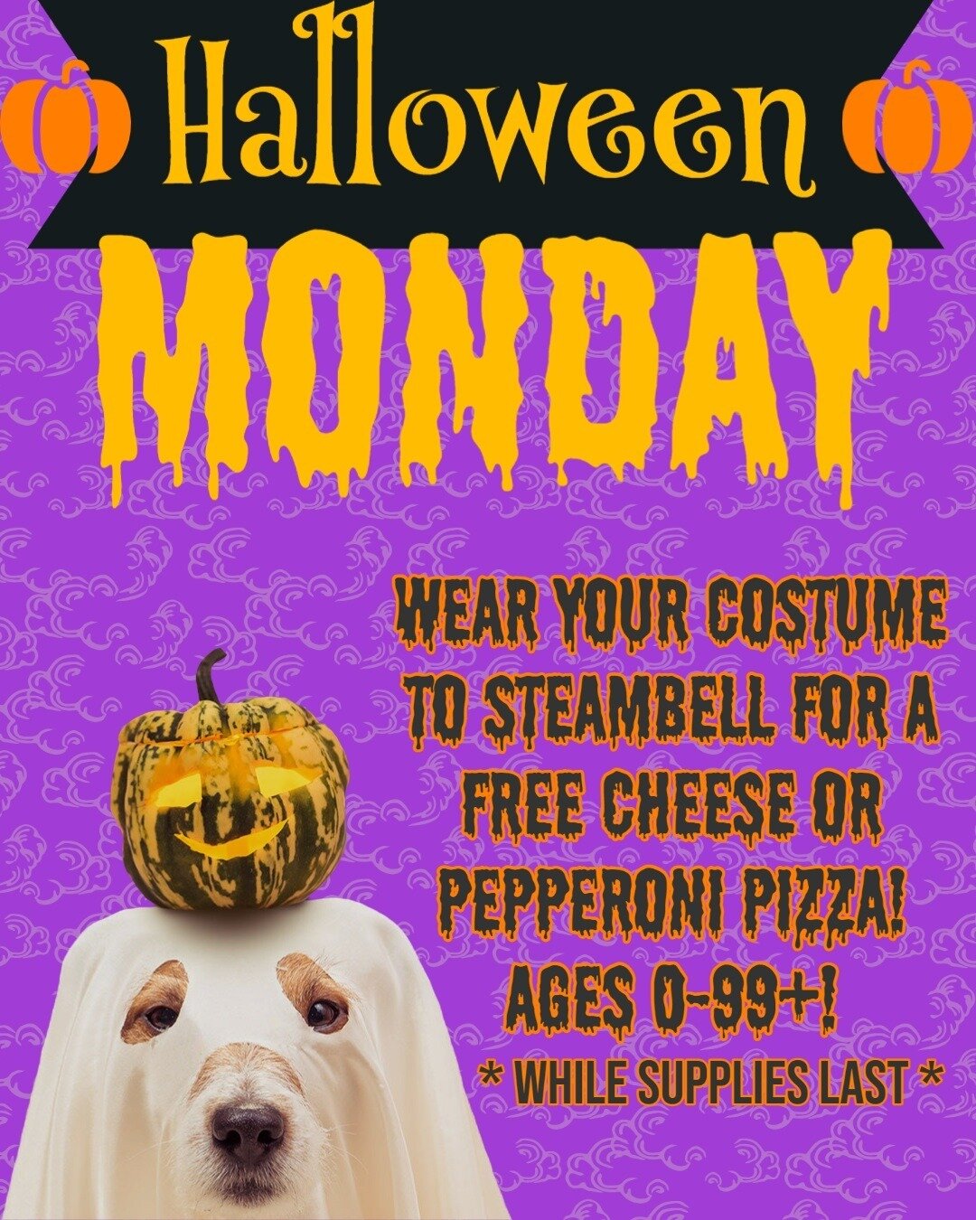 Come out to Steam Bell this evening to kick off Halloween with us! Wear your costume, and receive a free cheese or pepperoni flatbread (while supplies last!). We will have free candy available at the bar, and family friendly Halloween movies playing 