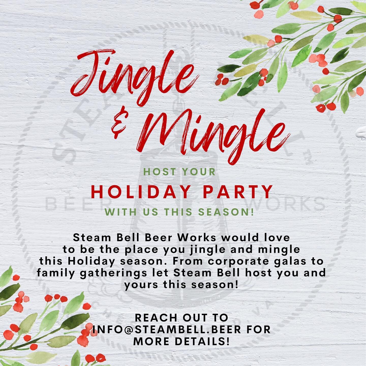 Holiday season is here. What better way to celebrate than at a brewery? We can help with all your drink, food, and space needs!! 

Let&rsquo;s chat - Email us at info@steambell.beer

#holidayparty #jingleandmingle #breweryevents #chesterfieldbrewery 