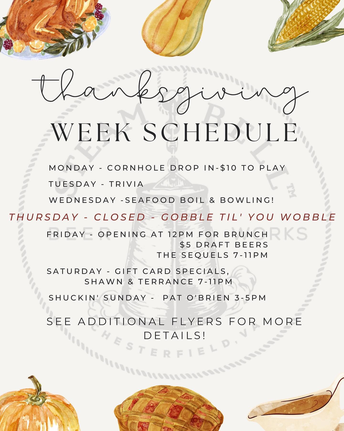 We have a busy week ahead here at Steam Bell and we hope you&rsquo;ll join us in all the fun! 
.
.
.
.
#rvabreweries #craftbeer #drinklocal #steambellbeerworks #rvabeertrail #beerme #gobbletillyouwobble #turkeybowling #megamimosas #brunch #beerandtun