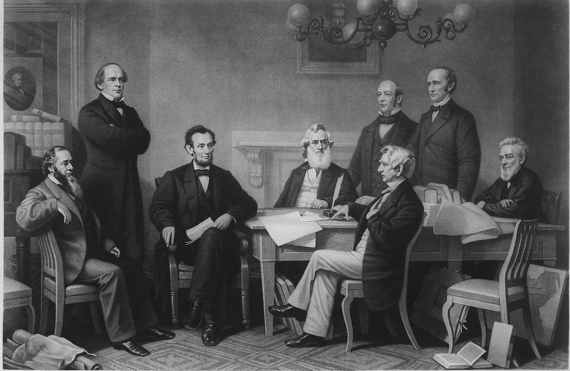 A black and white painting by Frances Carpenter which depicts Lincoln and his cabinet signing the Emancipation Proclamation.