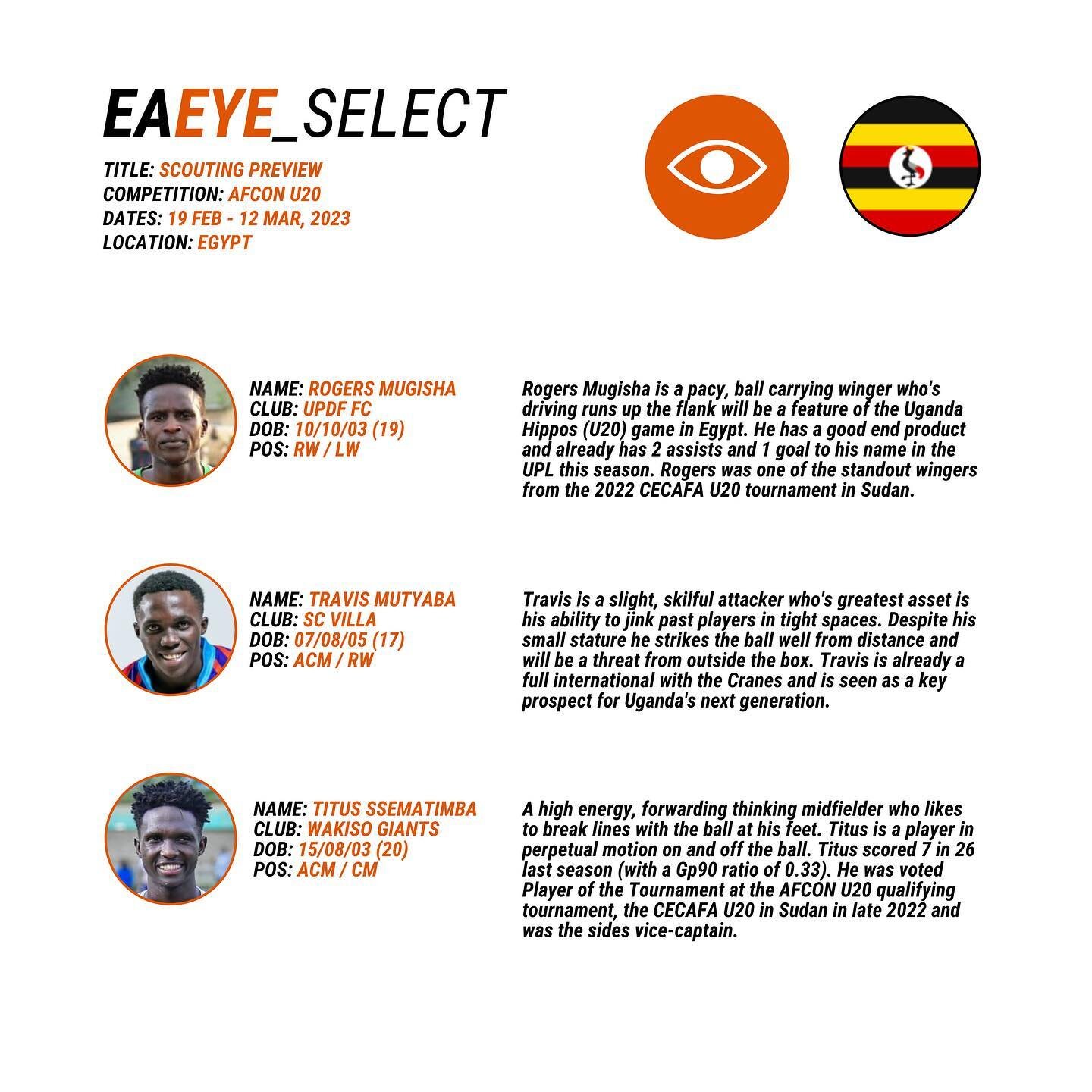The AFCON U20 kicks off today with Uganda 🇺🇬 and South Sudan 🇸🇸 representing the East African region.

The EA Eye scouts have tracked the teams players domestically for over a year &amp; today highlight three players to watch out for in Egypt.