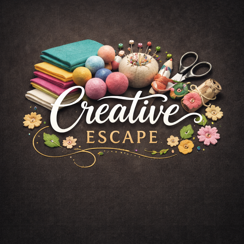 Craft supplies including felt fabric, colorful felt balls, a pincushion with sewing pins, scissors, embroidery floss, thread, and decorative felt flowers, arranged on a black background with the words "Creative Escape" overlayed.