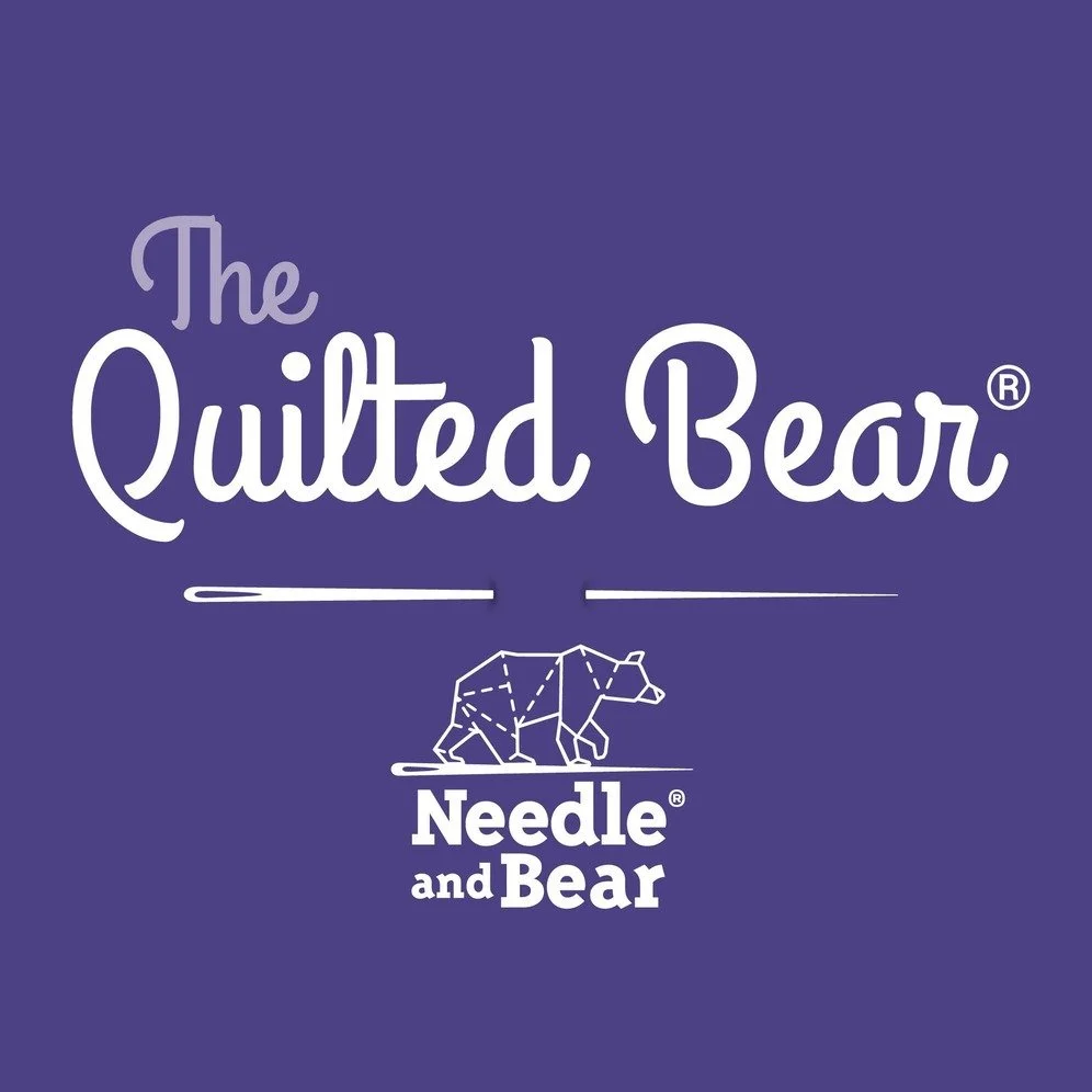 Purple background with white text that reads, 'The Quilted Bear' and 'Needle and Bear' with a line drawing of a bear made of geometric shapes, holding a needle.