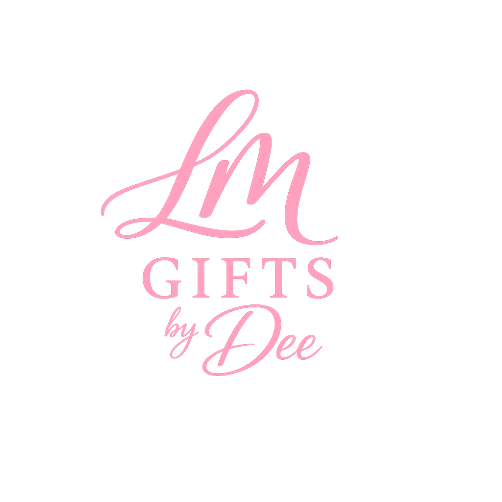 Pink and black logo for 'LM Gifts by Dee' with a stylized 'LM' and elegant font.